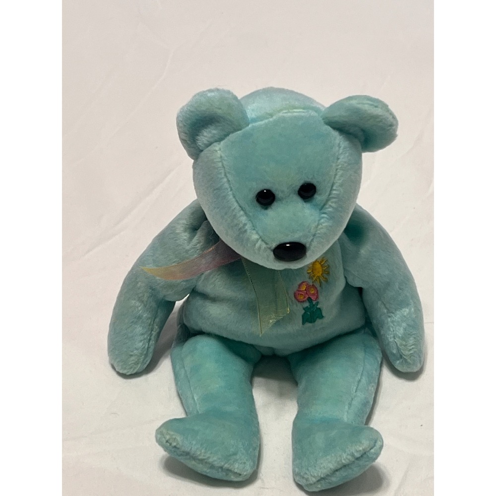 Ty Beanie Baby Ariel the Bear Light Blue Plush Embroidered Flower Sun 2000 8.5"